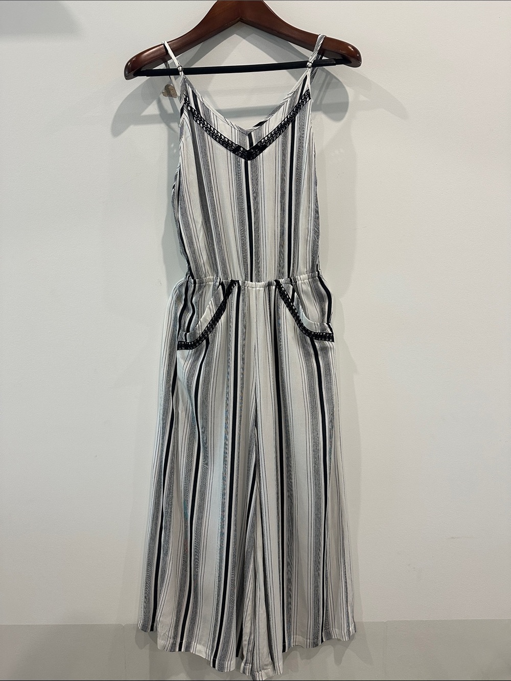Lucky Brand Black & White Striped V-Neck Wide-Leg Jumpsuit